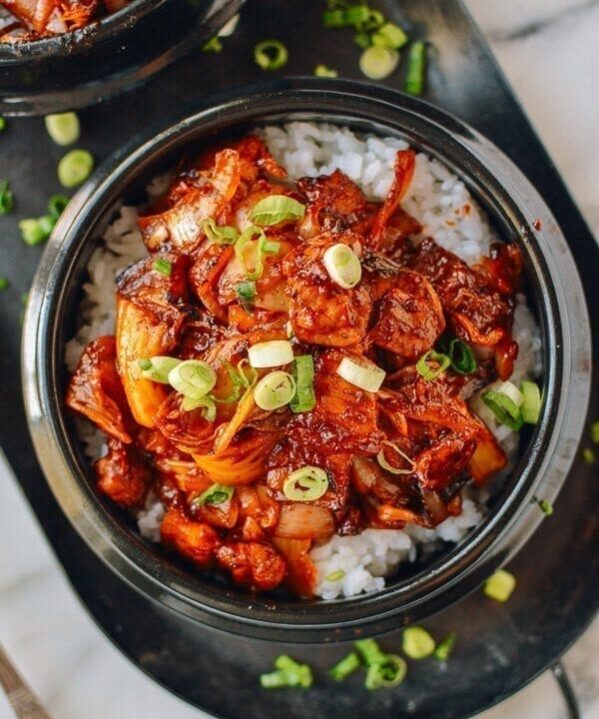 10-Minute Crispy Pork Belly Kimchi Bowls, by thewoksoflife.com