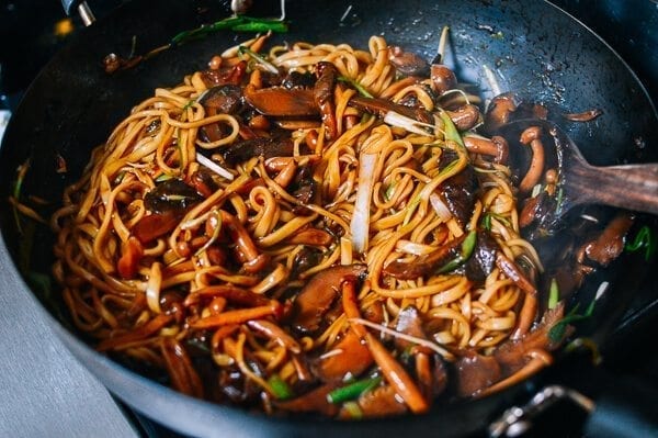Soy Sauce Braised Wild Mushroom Noodles, by thewoksoflife.com