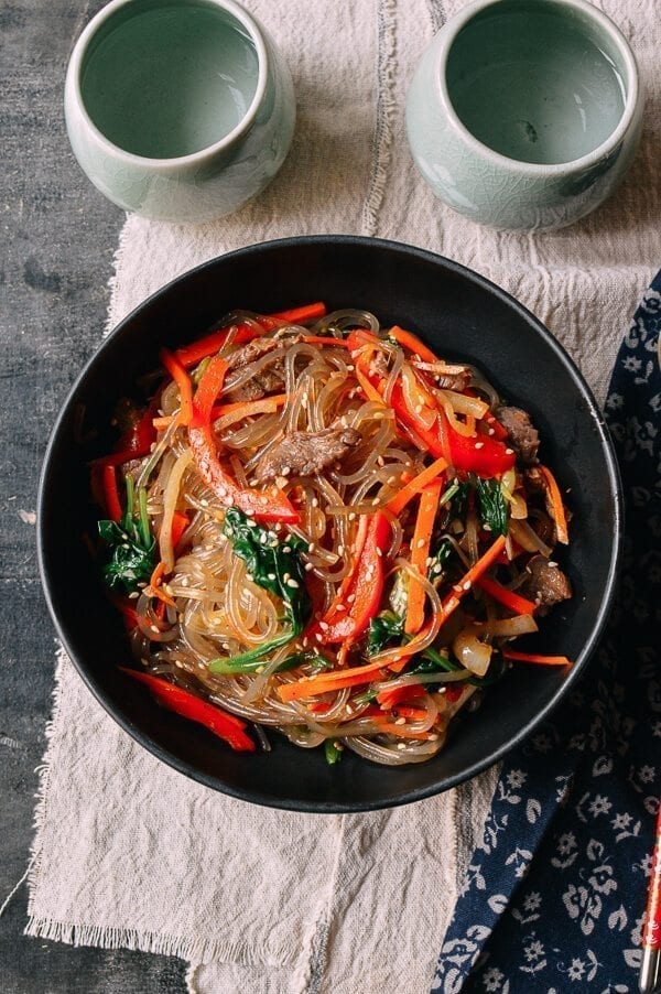 Japchae with beef and vegetables, by thewoksoflife.com