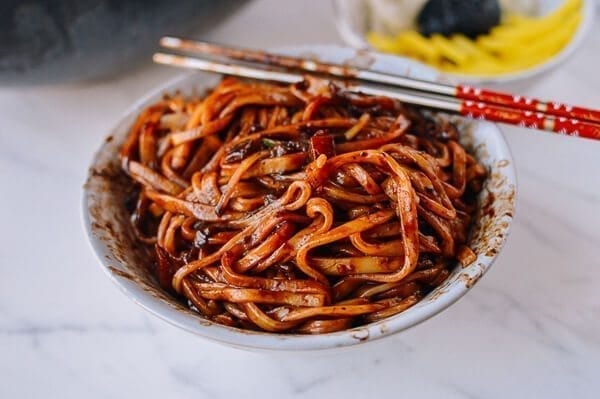 Korean Black Bean Noodles (Jajangmyeon), by thewoksoflife.com