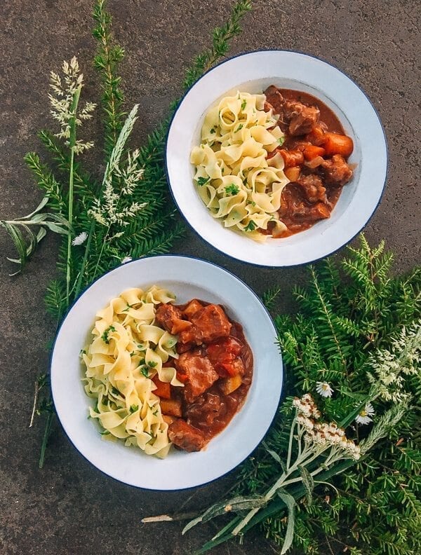 Campfire Beef Stew with Buttered Parsley Noodles, by thewoksoflife.com
