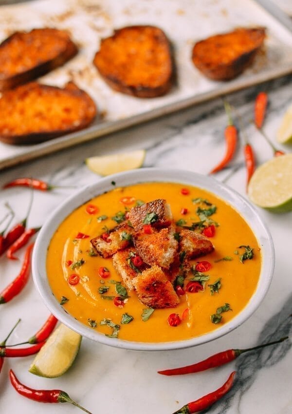 Curried Squash Soup with Red Curry Butter Croutons, by thewoksoflife.com