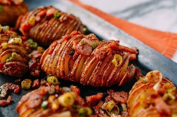 Crispy Hasselback Potatoes with Spicy Bacon Scallion Relish, by thewoksoflife.com