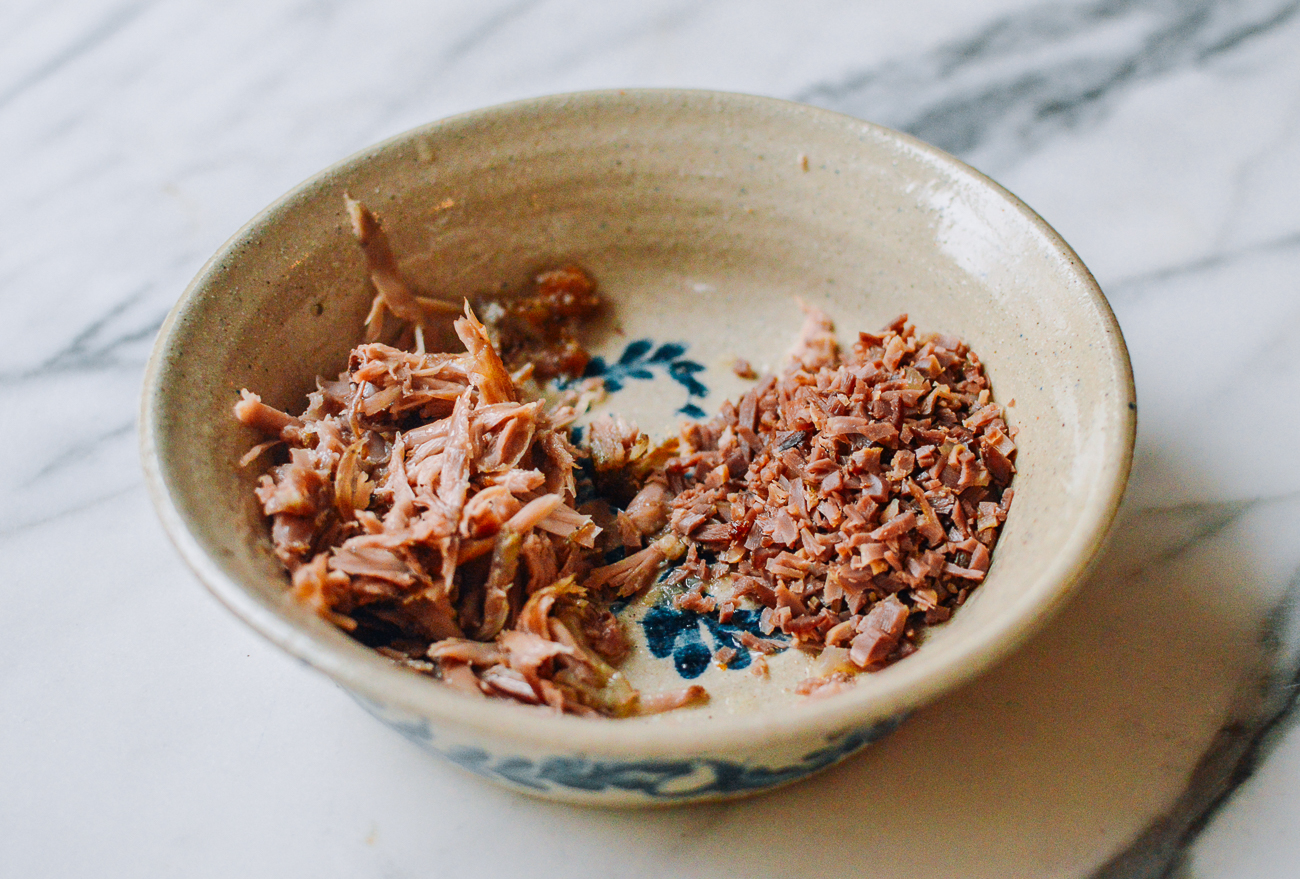 chopped giblets and shredded turkey neck meat in bowl
