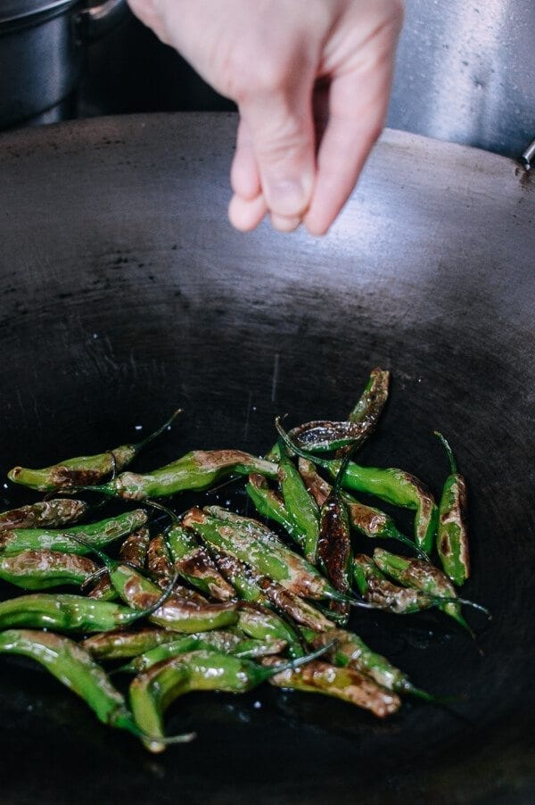 Blistered Shishito Peppers with Sea Salt, by thewoksoflife.com