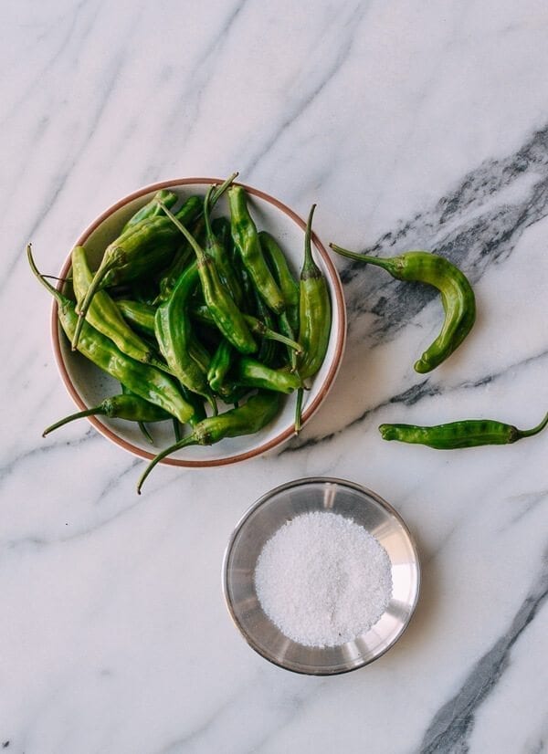 Blistered Shishito Peppers with Sea Salt, by thewoksoflife.com