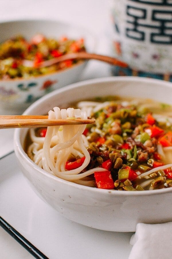 Chinese Pickled Long Bean Noodle Soup, by thewoksoflife.com