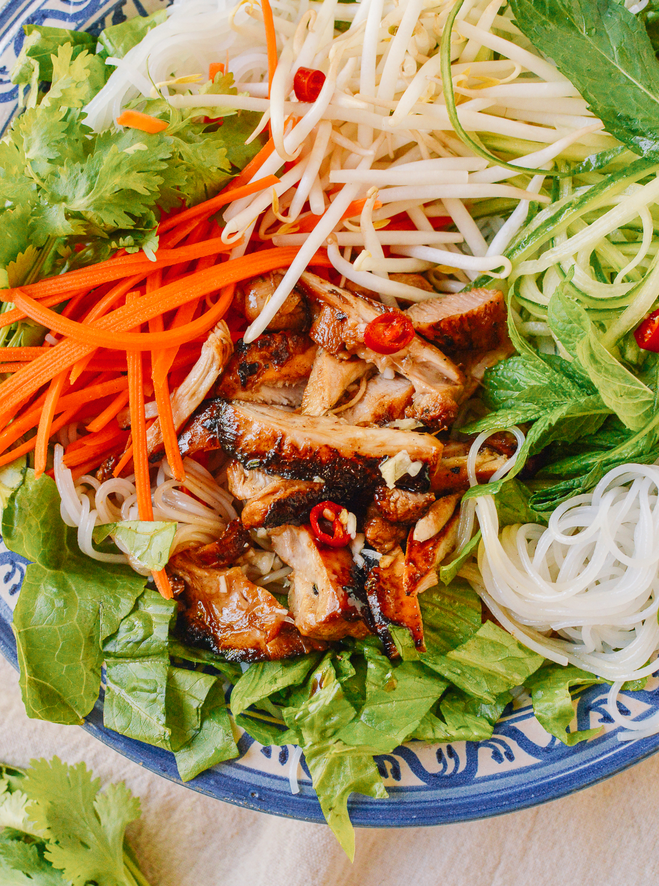 grilled vietnamese chicken with rice noodle, carrot, herbs, lettuce