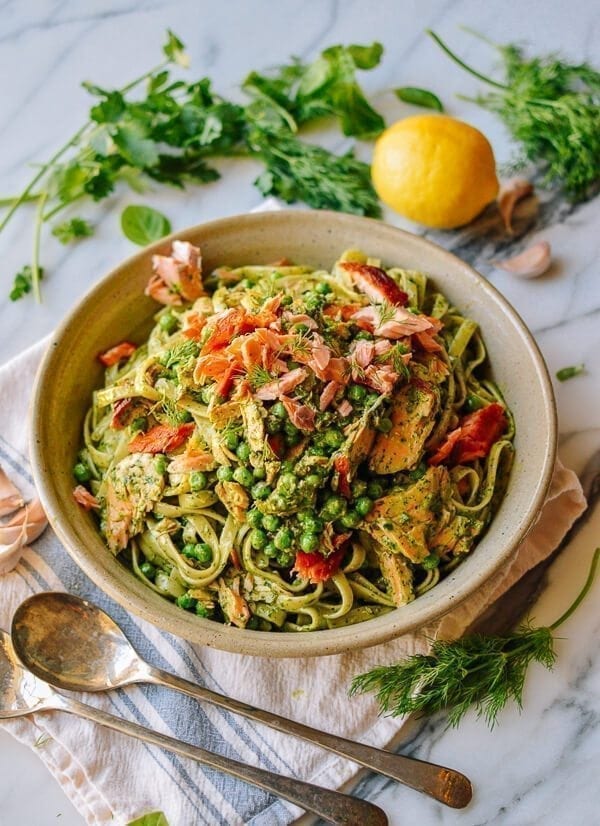 Bowl of fettuccini with green goddess, peas, and salmon