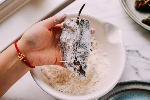 Dredging Chilese Rellenos in Flour, thewoksoflife.com