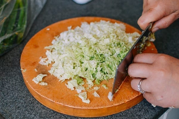 Finely chopping napa cabbage, thewoksoflife.com