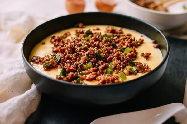 Chinese steamed eggs with ground pork, thewoksoflife.com