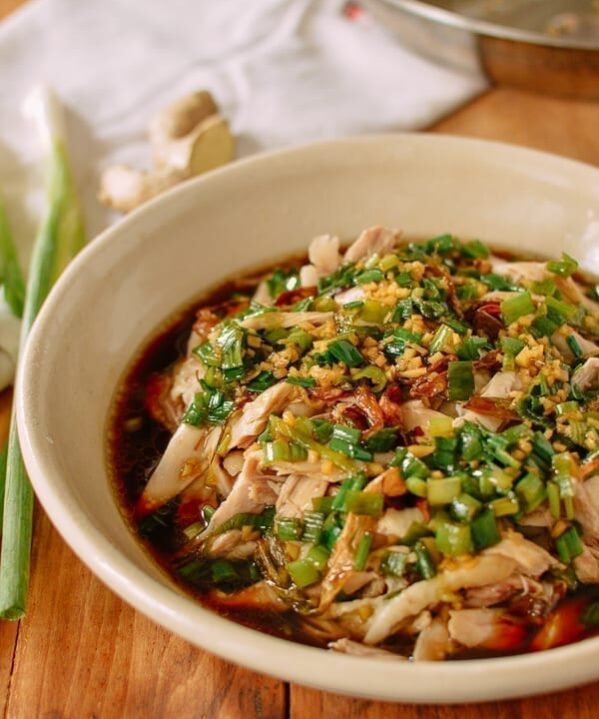 Easy Poached Chicken with Scallion Ginger Sauce, thewoksoflife.com