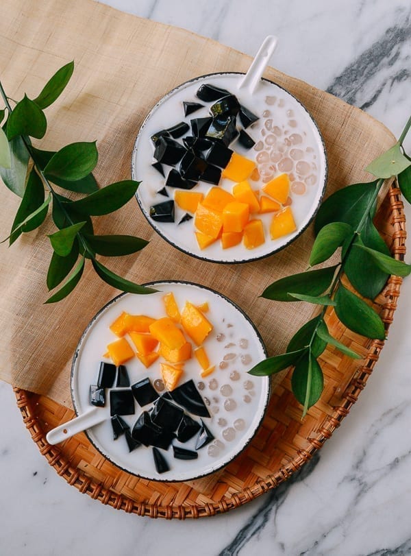 Grass Jelly Dessert with Mango & Tapioca Pearls, thewoksoflife.com