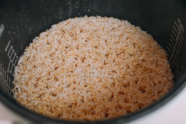 Cooked brown rice in rice cooker, thewoksoflife.com