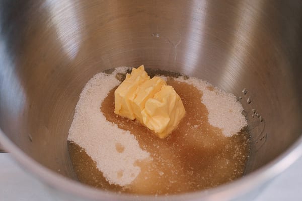 Oil, butter, and sugar in bowl of mixer, thewoksoflife.com