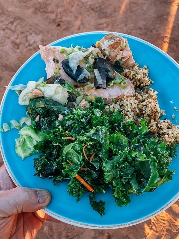 Salmon, quinoa, kale salad dinner at canyonlands by thewoksoflife.com