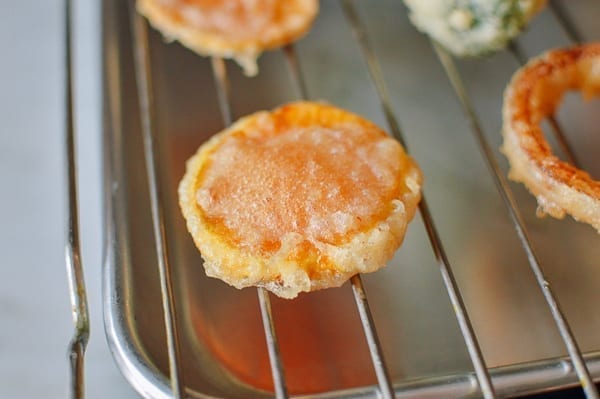 Sweet potato tempura on wire rack, thewoksoflife.com