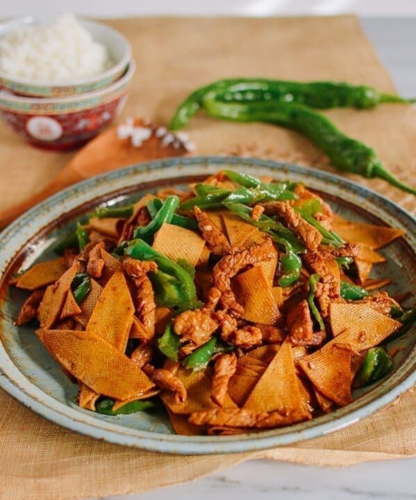 Chinese Tofu Sheet Stir-fry with Pork, thewoksoflife.com