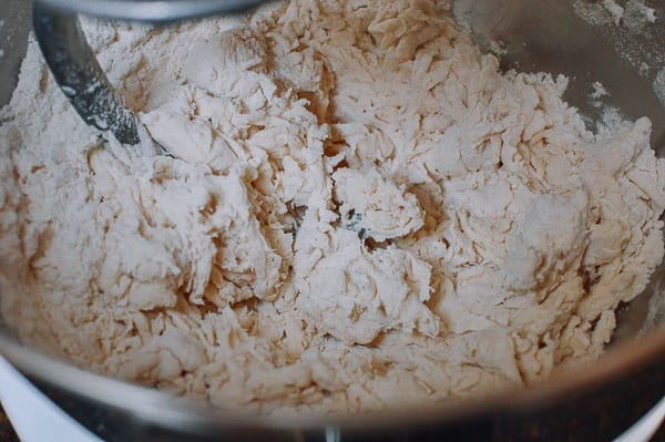 Flour, water, and salt forming very shaggy dough in mixer, thewoksoflife.com
