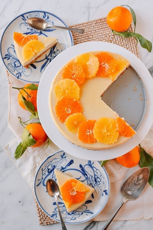 Slices of dairy-free cheesecake with oranges, thewoksoflife.com