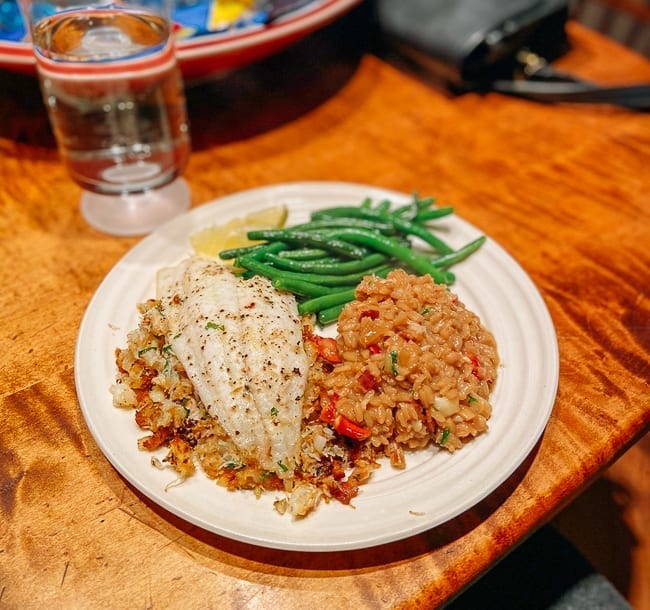 Crab stuffed flounder with lobster risotto and green beans, thewoksoflife.com
