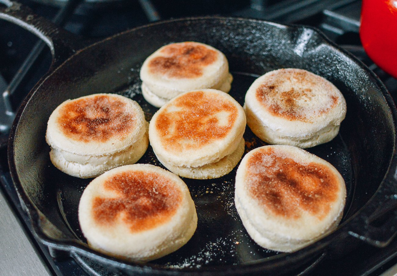 cooking english muffins in skillet