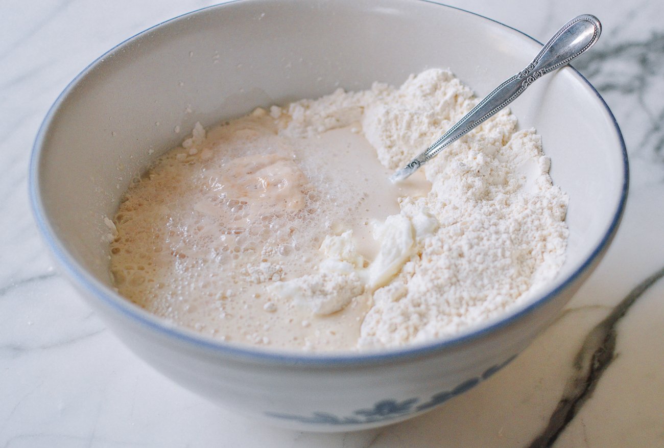 english muffin dough ingredients in bowl