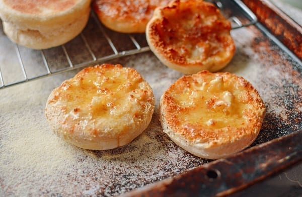 Toasted English muffin with butter, thewoksoflife.com