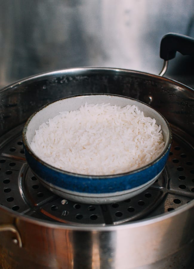 Steamed white rice in steamer, thewoksoflife.com