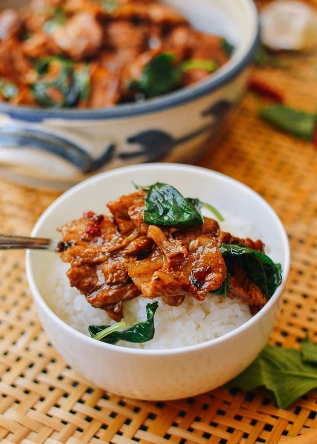 Serving Thai basil pork belly with rice, thewoksoflife.com
