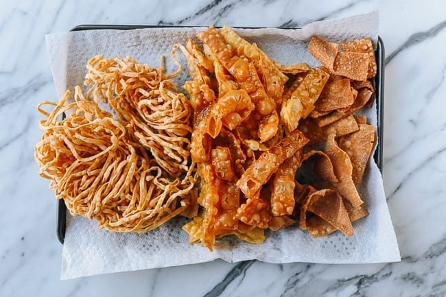 Chinese Crispy Noodles draining on paper towels