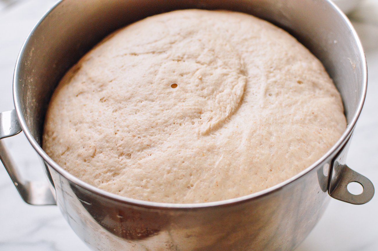 proofed multigrain bread dough after doubling in size