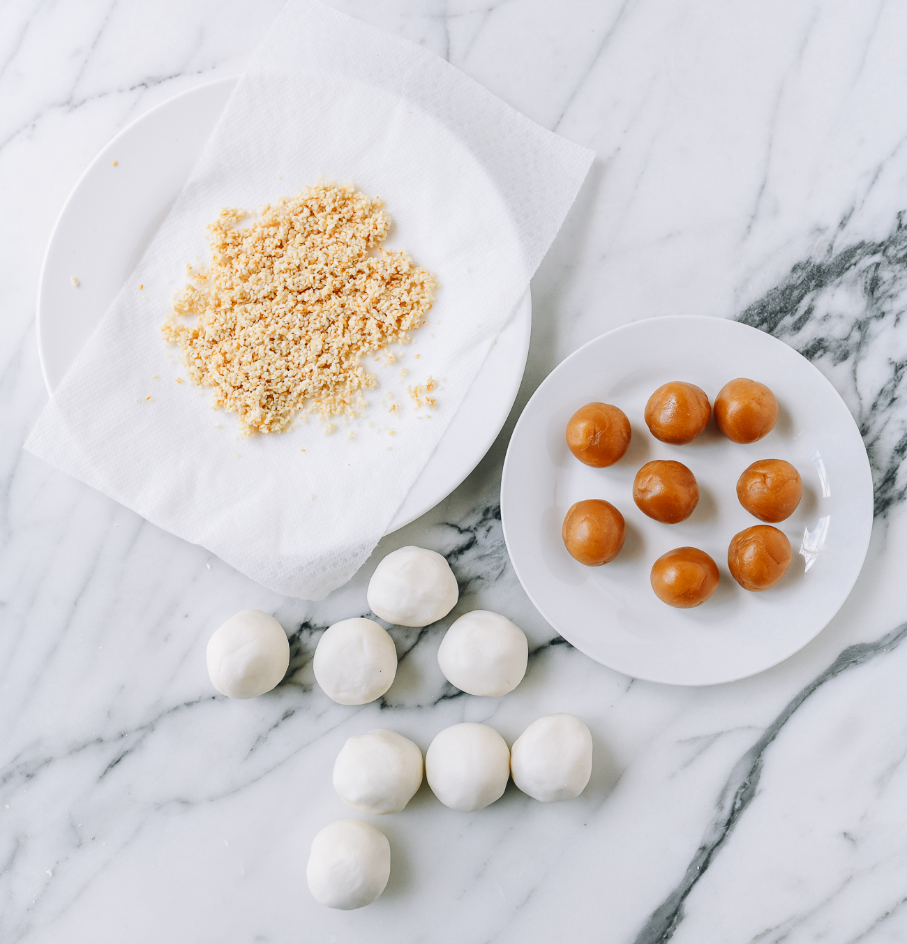 Sesame seeds, lotus paste, and sesame ball dough