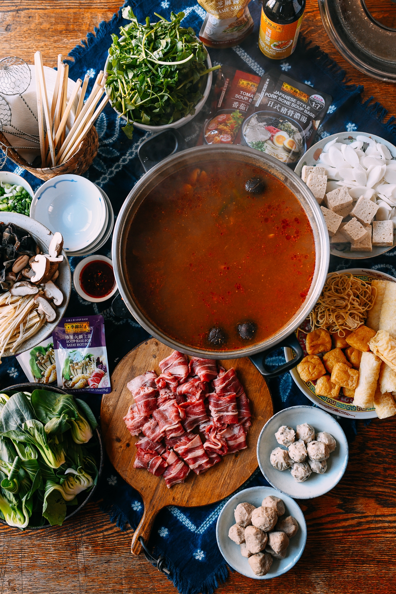 Chinese Hot pot spread on table