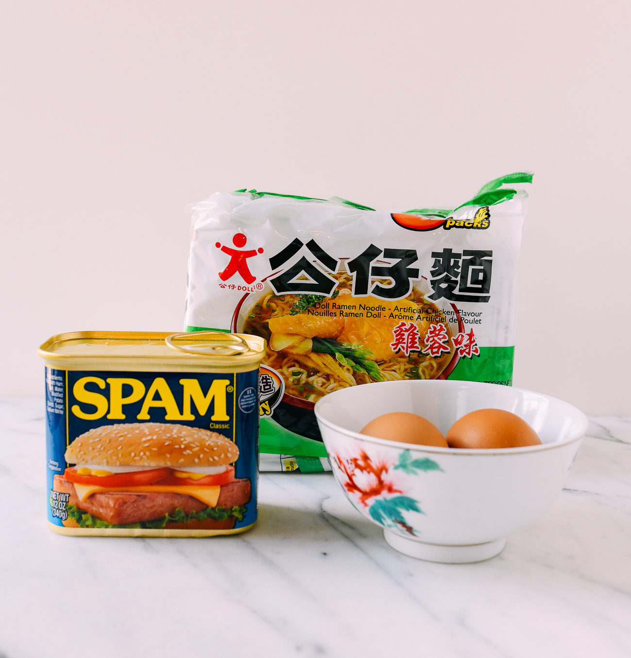 Ingredients for Hong Kong Instant Noodle Breakfast with Spam and Egg