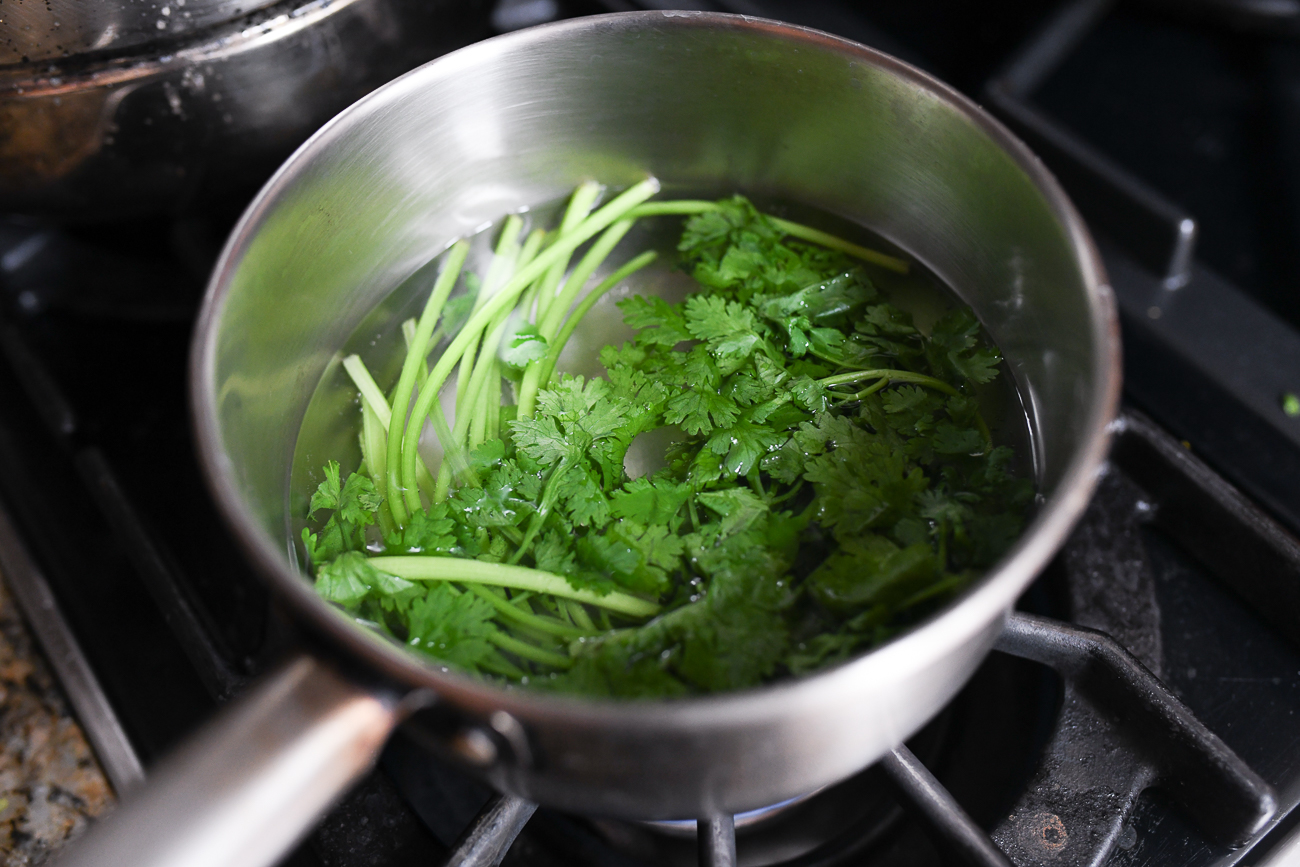 Blanching cilantro stems in boiling water