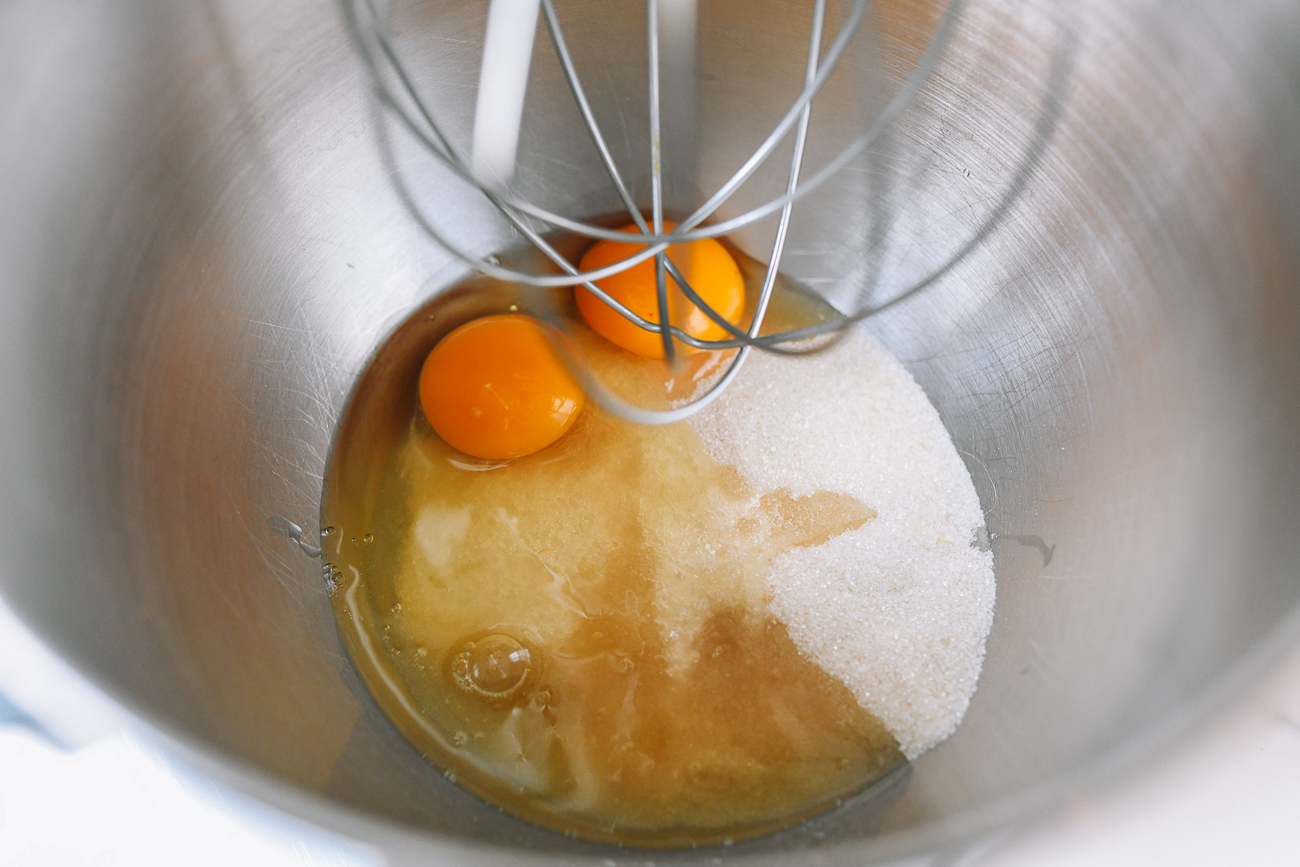Eggs and sugar in stand mixer