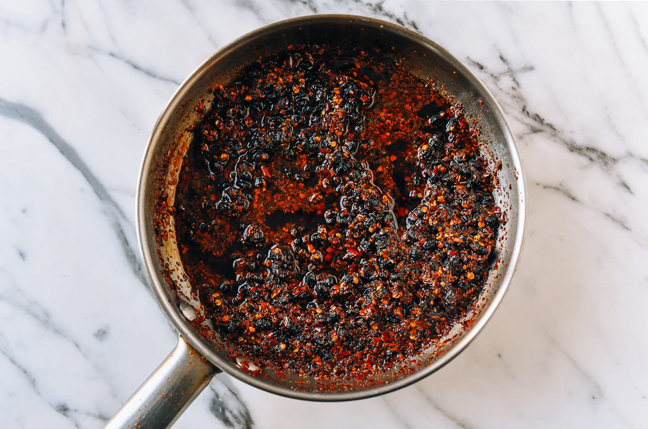 Chili oil with Black Beans in saucepan