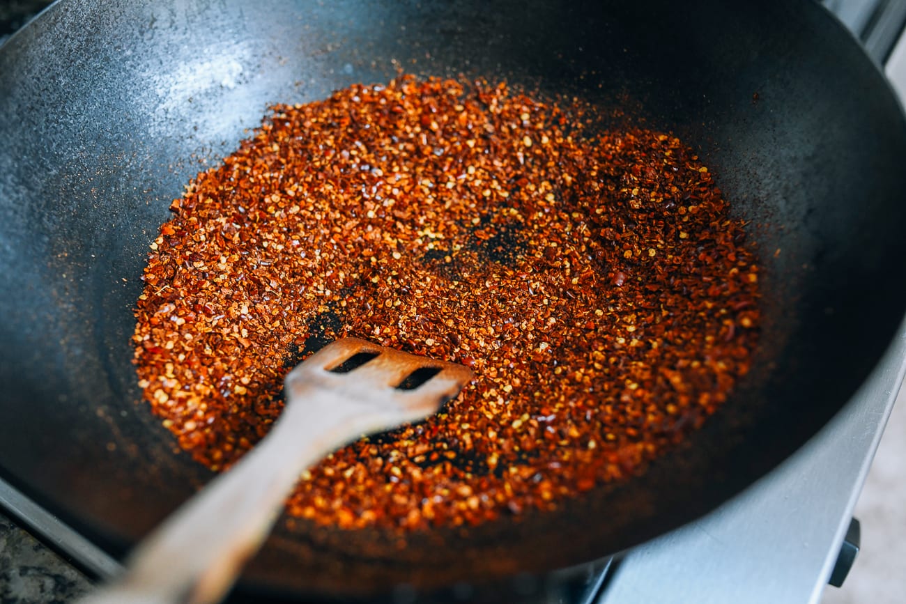 Roasting chili flakes in dry wok