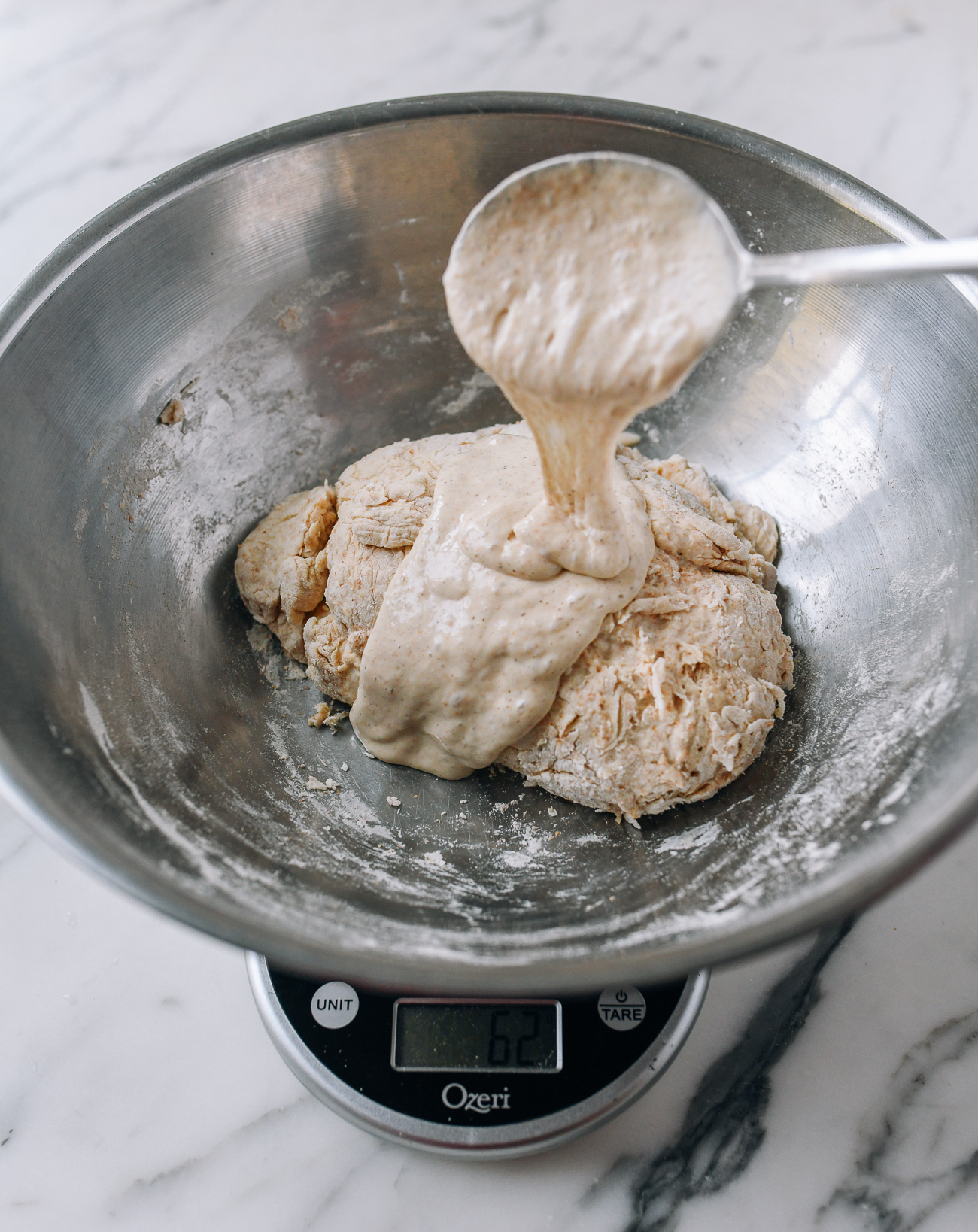 Adding starter to autolysed dough
