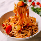 Forkful of Spaghetti with Roasted Cherry Tomato Puttanesca Sauce
