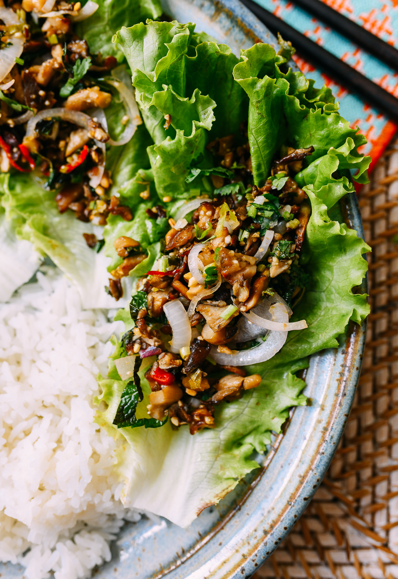 Mushroom larb in lettuce cups with rice