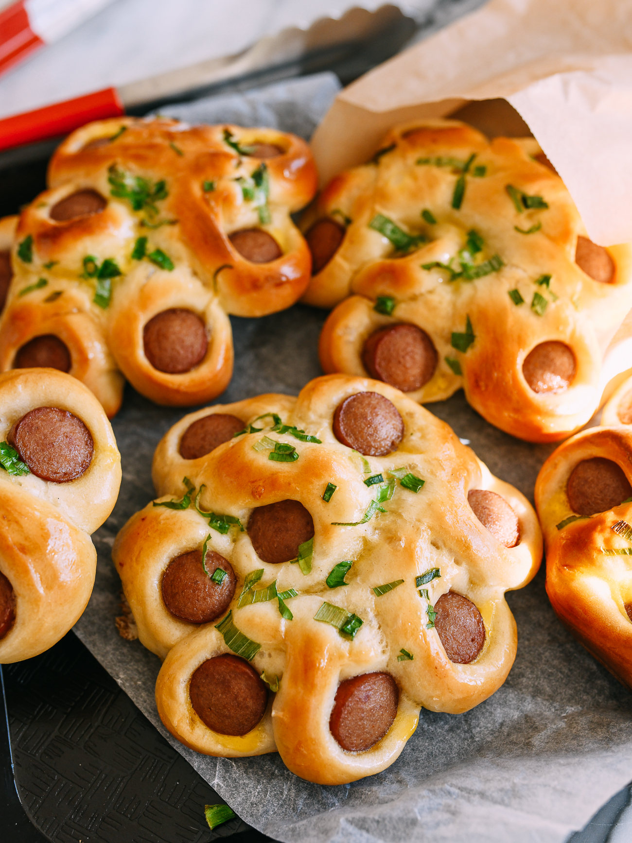 Flower hot dog buns in Chinese bakery style