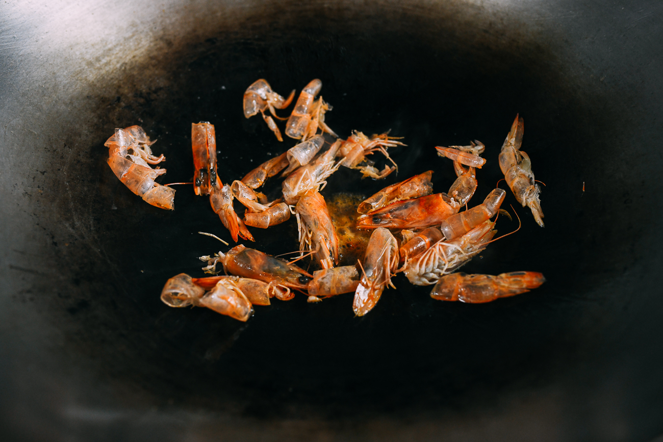 Shrimp shells in hot wok