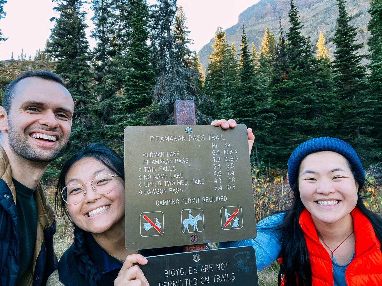 Justin, Kaitlin, and Sarah at Pitamakan Pass Trail Sign