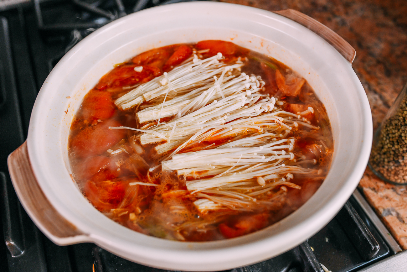 Mung Bean Vermicelli and Enoki Mushrooms added to tomato soup base