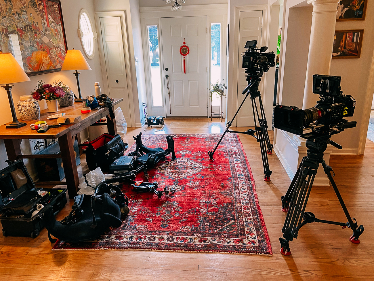 Filming equipment in foyer