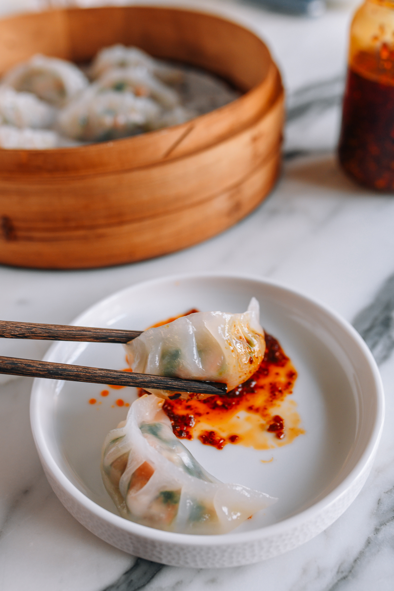 steamed Chinese crystal dumpling with chili oil