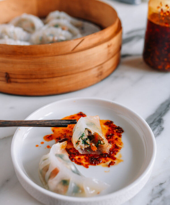 crystal dumplings with chili oil